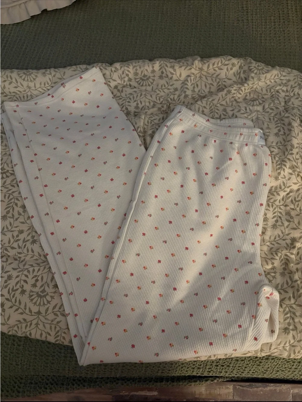 Women’s White Waffle-Knit Track Pants with Pink Dot Print